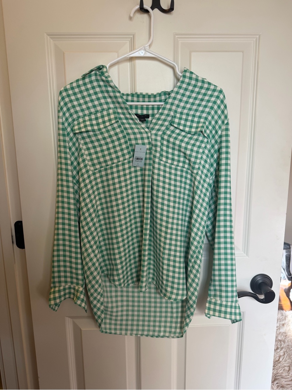 Ann Taylor Green and White Gingham Button-Down Shirt